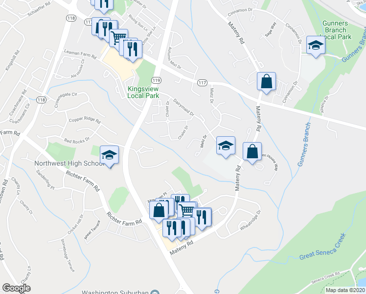 map of restaurants, bars, coffee shops, grocery stores, and more near 51 Metz Court in Germantown
