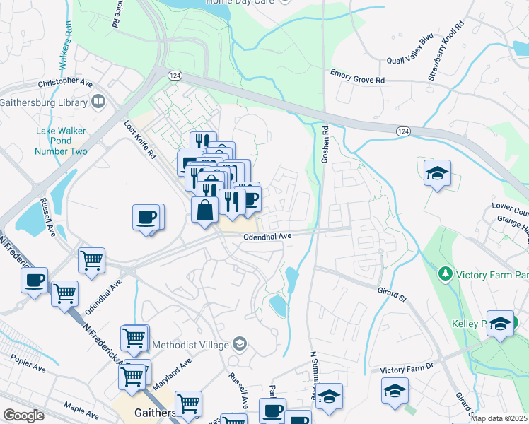 map of restaurants, bars, coffee shops, grocery stores, and more near 9529 Copps Hill Drive in Gaithersburg