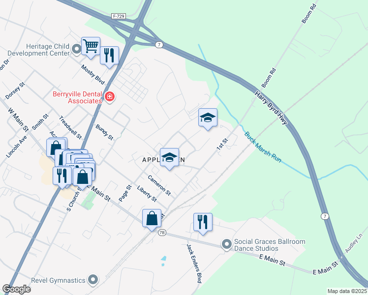 map of restaurants, bars, coffee shops, grocery stores, and more near 422 Cobbler Drive in Berryville