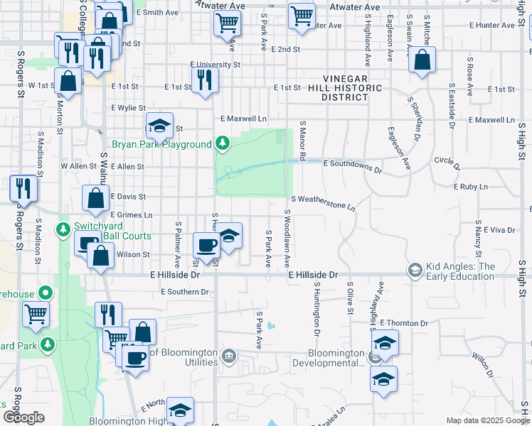 map of restaurants, bars, coffee shops, grocery stores, and more near 802 East Grimes Lane in Bloomington