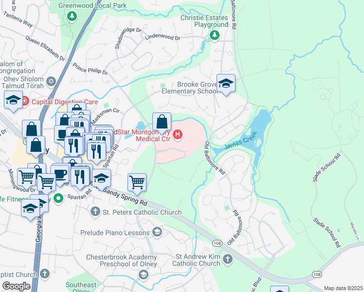 map of restaurants, bars, coffee shops, grocery stores, and more near 18109 Prince Philip Drive in Olney
