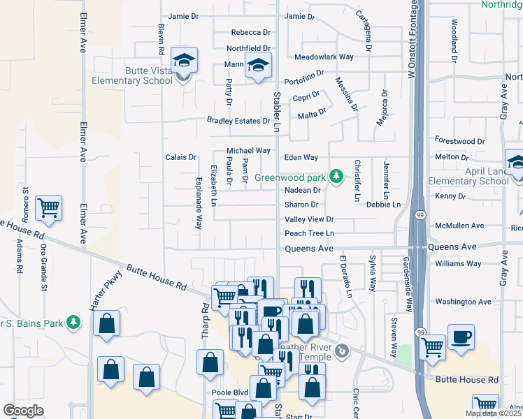 map of restaurants, bars, coffee shops, grocery stores, and more near 1620 Sharon Drive in Yuba City