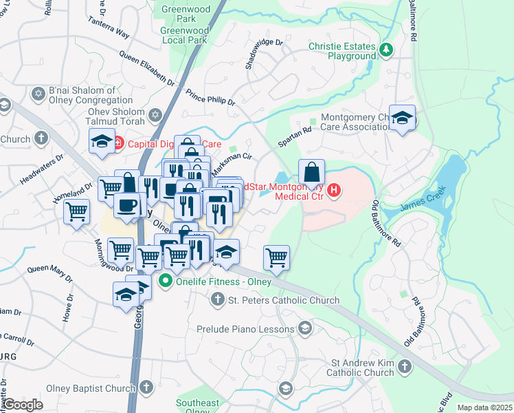 map of restaurants, bars, coffee shops, grocery stores, and more near 18120 Windsor Hill Drive in Olney