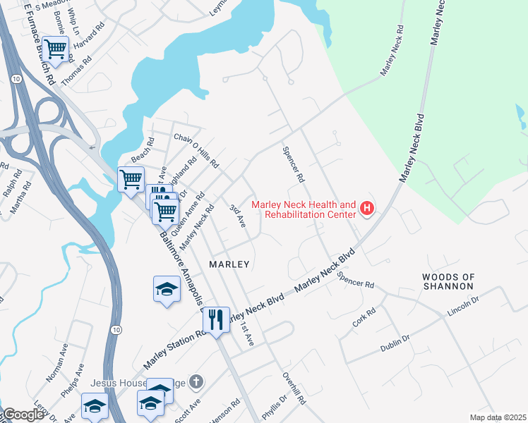 map of restaurants, bars, coffee shops, grocery stores, and more near 7625 Marcy Drive in Glen Burnie