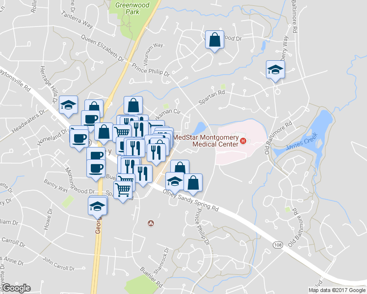 map of restaurants, bars, coffee shops, grocery stores, and more near 18120 Windsor Hill Drive in Olney