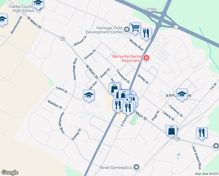 map of restaurants, bars, coffee shops, grocery stores, and more near 5 Rice Street in Berryville
