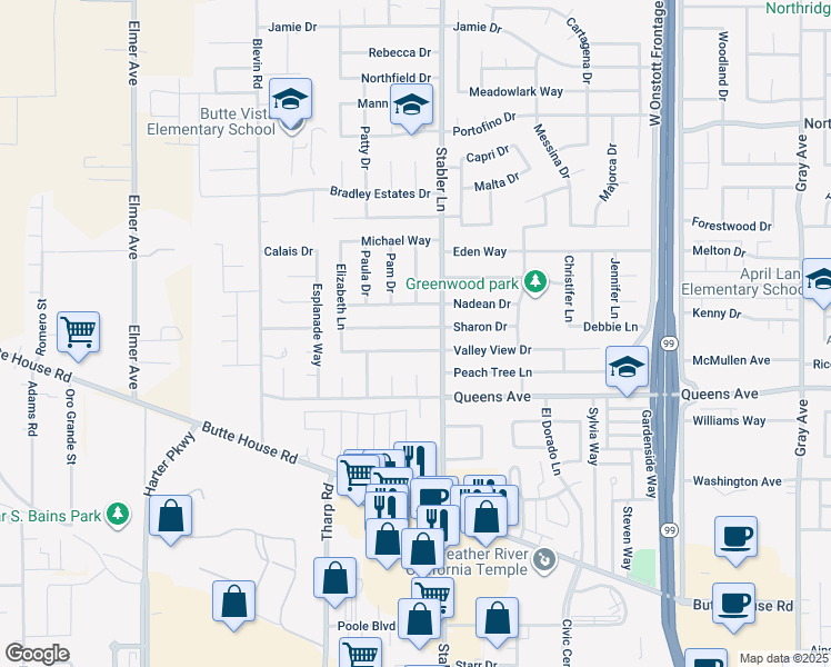 map of restaurants, bars, coffee shops, grocery stores, and more near 1620 Sharon Drive in Yuba City
