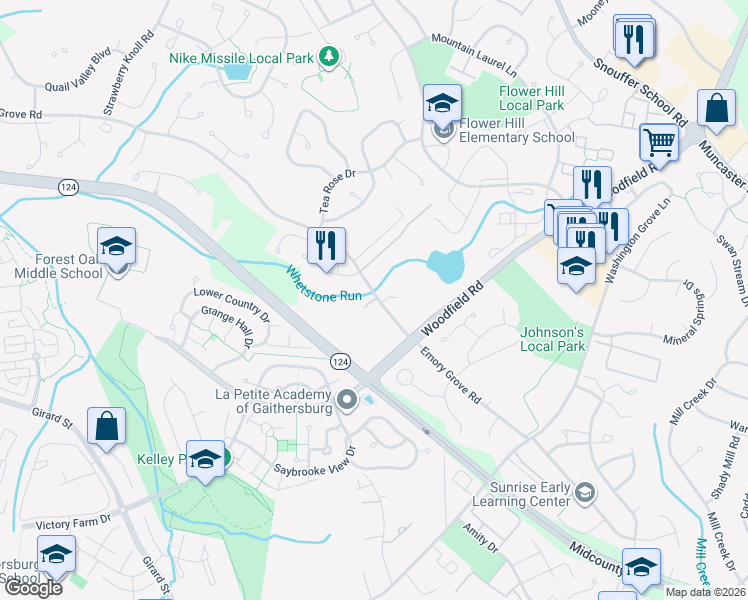 map of restaurants, bars, coffee shops, grocery stores, and more near 125 Old Macdonald Road in Gaithersburg