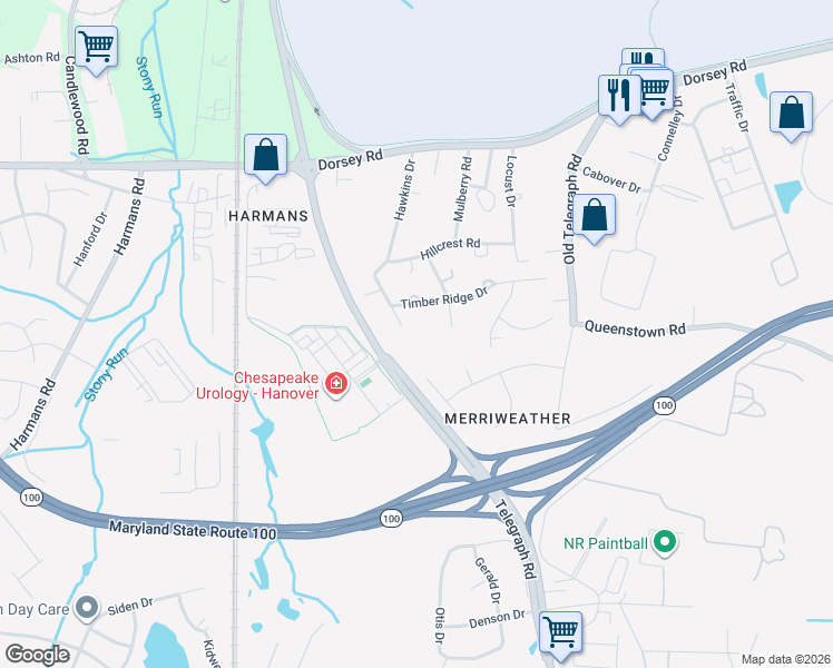 map of restaurants, bars, coffee shops, grocery stores, and more near Hawkins Drive in Fort Meade