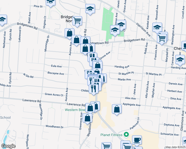 map of restaurants, bars, coffee shops, grocery stores, and more near 5380 Karen Avenue in Cincinnati