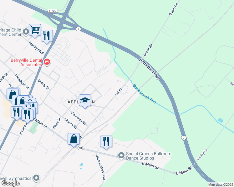map of restaurants, bars, coffee shops, grocery stores, and more near 319 1st Street in Berryville