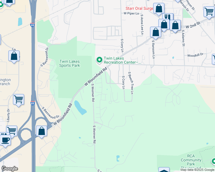 map of restaurants, bars, coffee shops, grocery stores, and more near 702 South Rolling Ridge Way in Bloomington