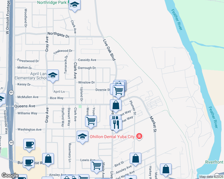 map of restaurants, bars, coffee shops, grocery stores, and more near 605 Queens Avenue in Yuba City