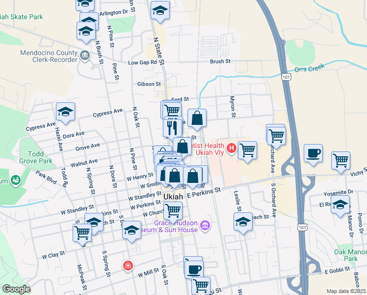 map of restaurants, bars, coffee shops, grocery stores, and more near 329 North Main Street in Ukiah