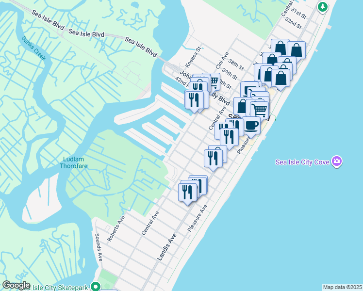 map of restaurants, bars, coffee shops, grocery stores, and more near 215 47th Street in Sea Isle City