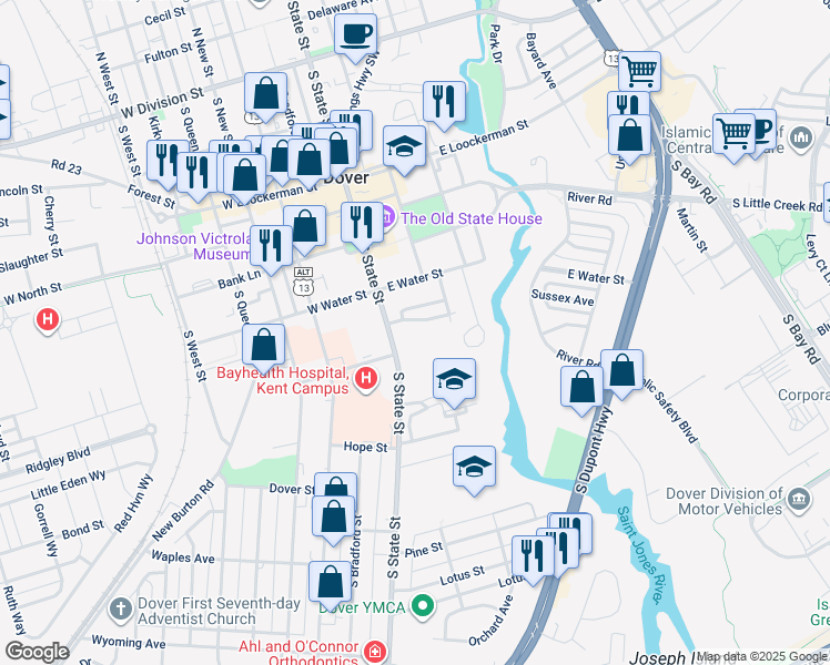 map of restaurants, bars, coffee shops, grocery stores, and more near 545 South State Street in Dover