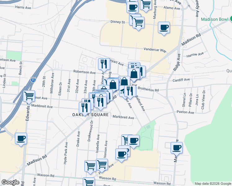 map of restaurants, bars, coffee shops, grocery stores, and more near in Cincinnati