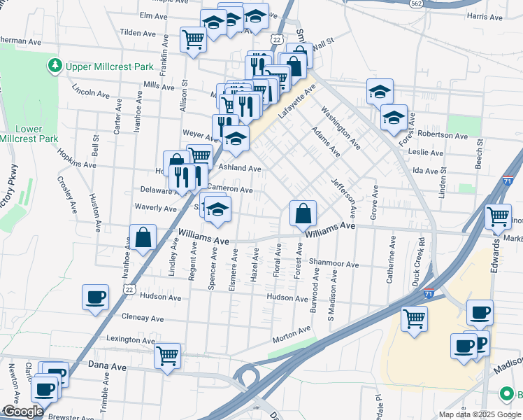 map of restaurants, bars, coffee shops, grocery stores, and more near 4119 Floral Avenue in Cincinnati