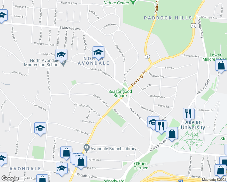 map of restaurants, bars, coffee shops, grocery stores, and more near 810 North Fred Shuttlesworth Circle in Cincinnati