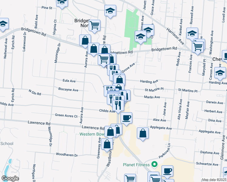 map of restaurants, bars, coffee shops, grocery stores, and more near 5380 Karen Avenue in Cincinnati