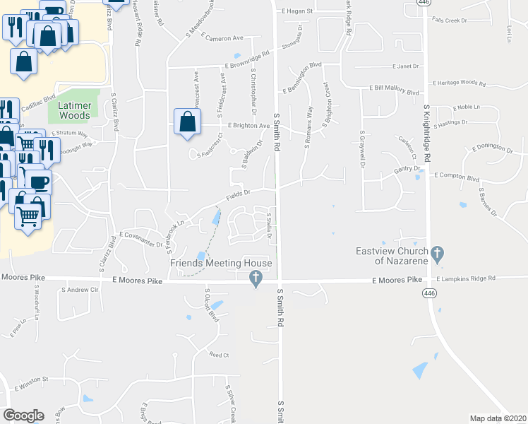 map of restaurants, bars, coffee shops, grocery stores, and more near 1305 South Stella Drive in Bloomington