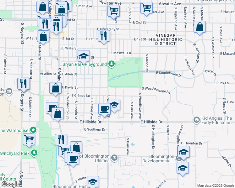 map of restaurants, bars, coffee shops, grocery stores, and more near 1202 South Fess Avenue in Bloomington