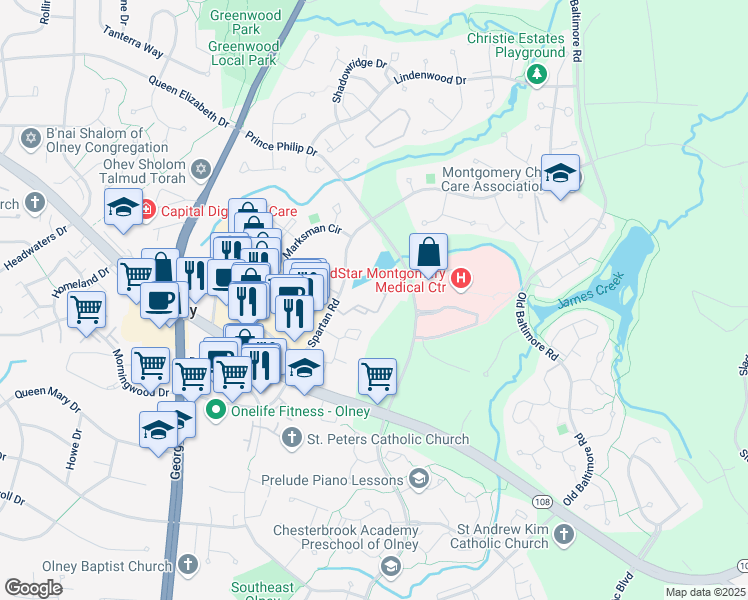 map of restaurants, bars, coffee shops, grocery stores, and more near 18270 Windsor Hill Drive in Olney