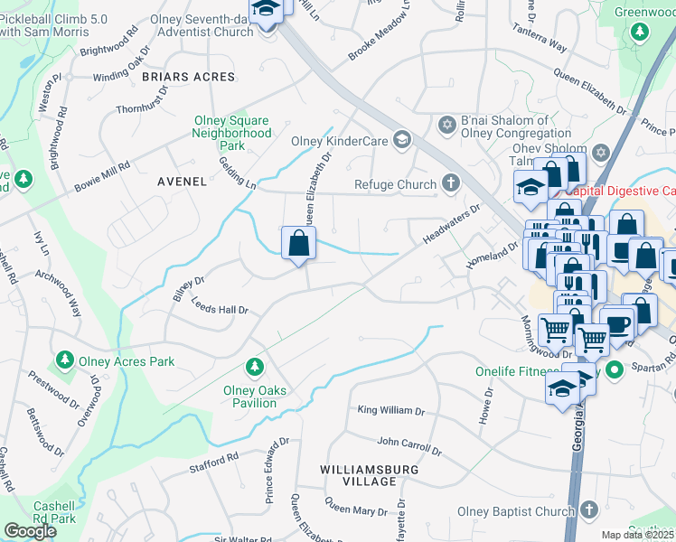 map of restaurants, bars, coffee shops, grocery stores, and more near 3904 Shallow Brook Lane in Olney