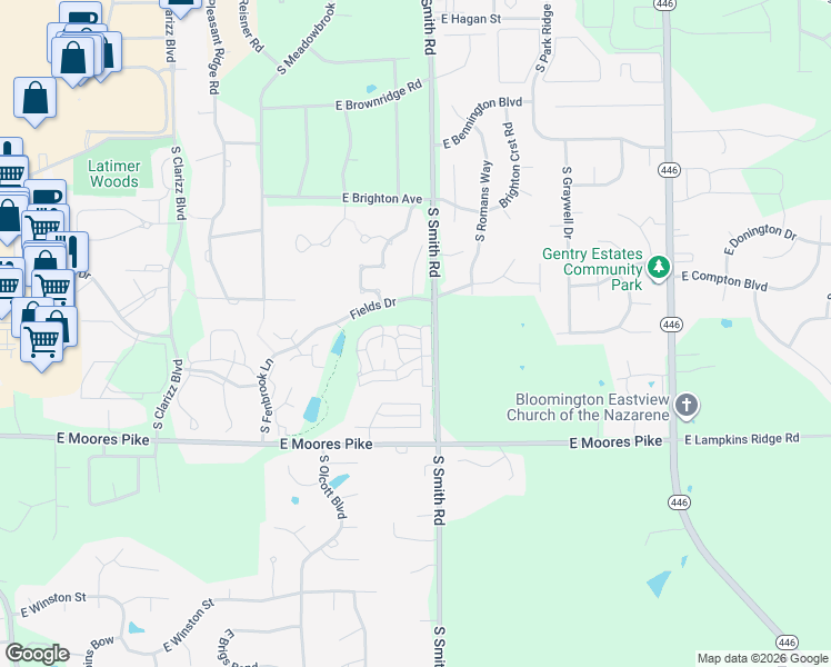 map of restaurants, bars, coffee shops, grocery stores, and more near 3855 East Lydia Lane in Bloomington