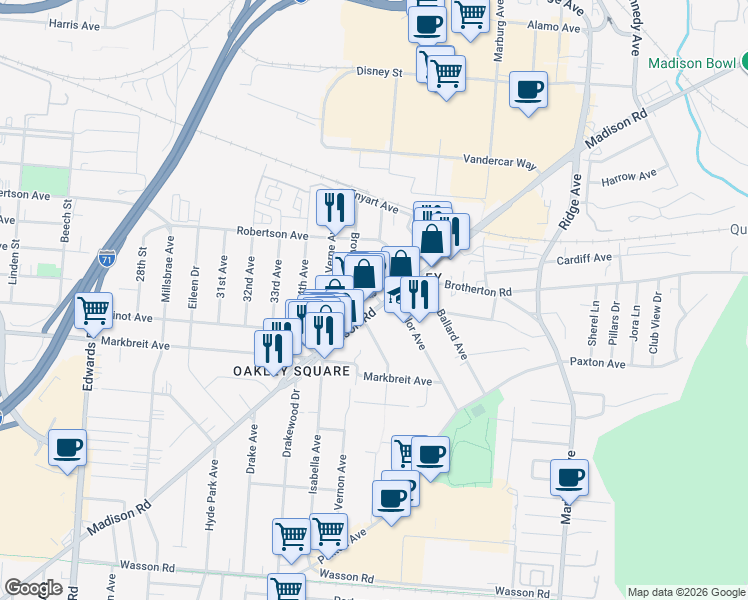 map of restaurants, bars, coffee shops, grocery stores, and more near in Cincinnati