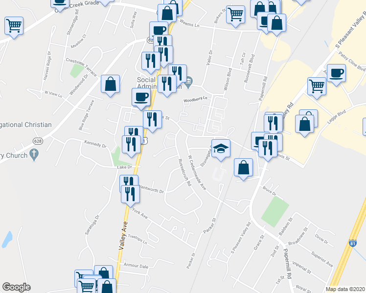 map of restaurants, bars, coffee shops, grocery stores, and more near 333 West Cedarmeade Avenue in Winchester