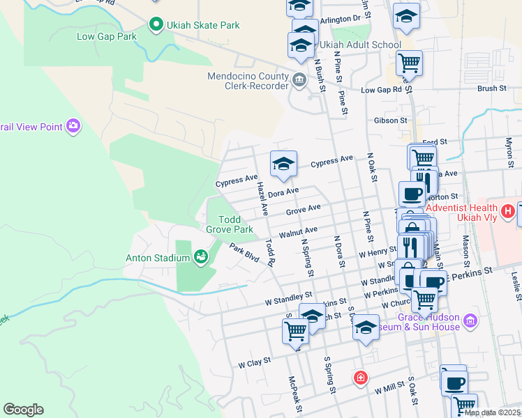 map of restaurants, bars, coffee shops, grocery stores, and more near 642 Hazel Avenue in Ukiah