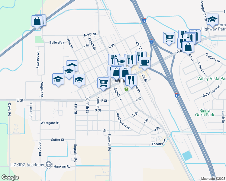 map of restaurants, bars, coffee shops, grocery stores, and more near 550 Eighth Street in Colusa