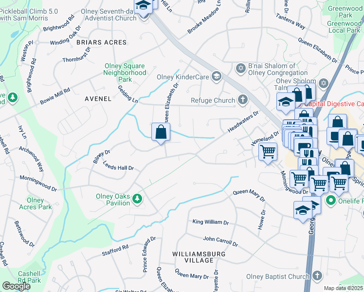 map of restaurants, bars, coffee shops, grocery stores, and more near 3904 Shallow Brook Lane in Olney