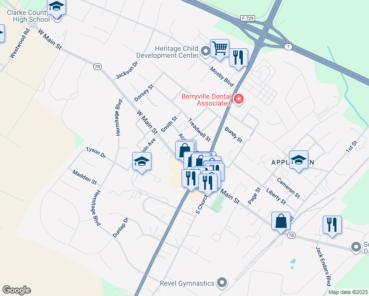 map of restaurants, bars, coffee shops, grocery stores, and more near 12 Rice Street in Berryville