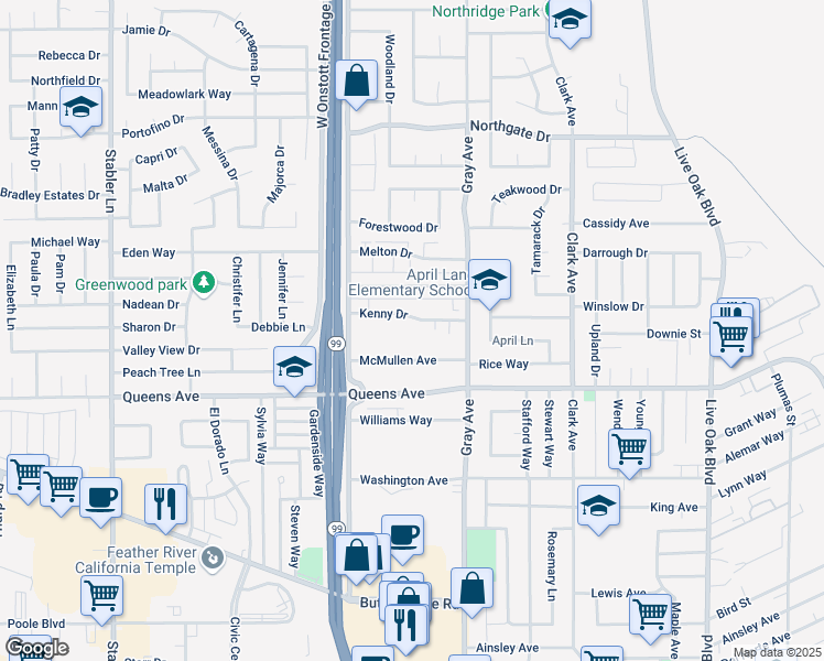 map of restaurants, bars, coffee shops, grocery stores, and more near 1170 Kenny Drive in Yuba City