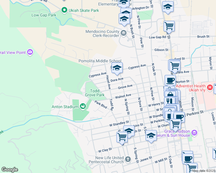 map of restaurants, bars, coffee shops, grocery stores, and more near 642 Hazel Avenue in Ukiah