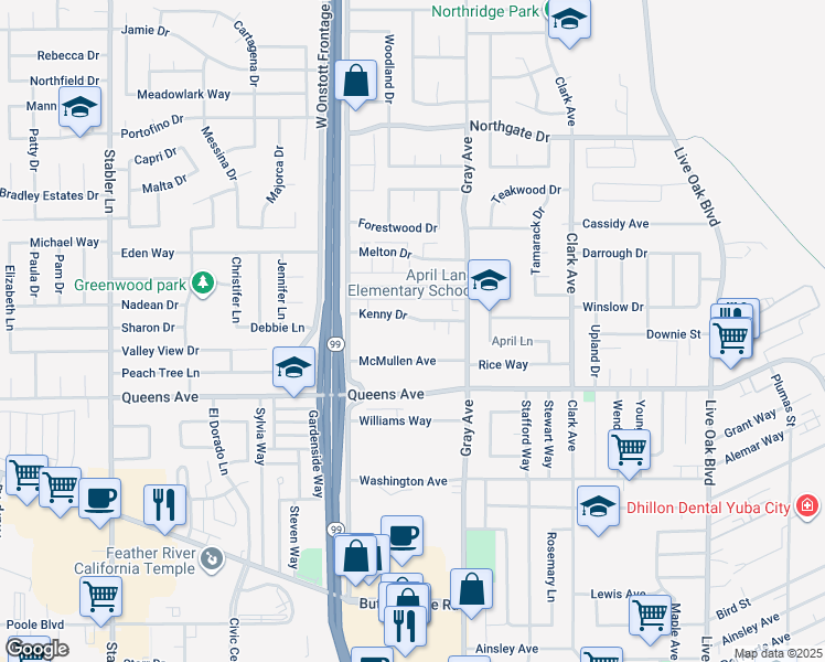 map of restaurants, bars, coffee shops, grocery stores, and more near 1170 Kenny Drive in Yuba City