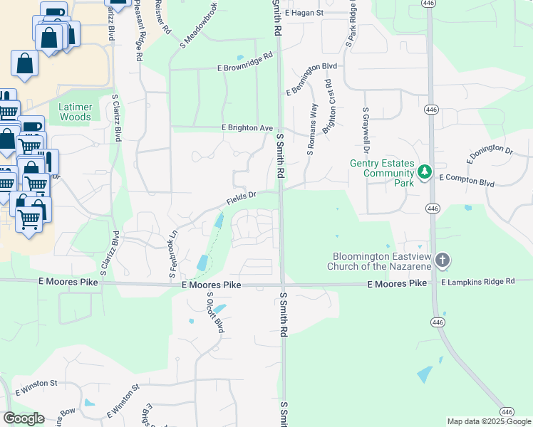 map of restaurants, bars, coffee shops, grocery stores, and more near 1305 South Stella Drive in Bloomington
