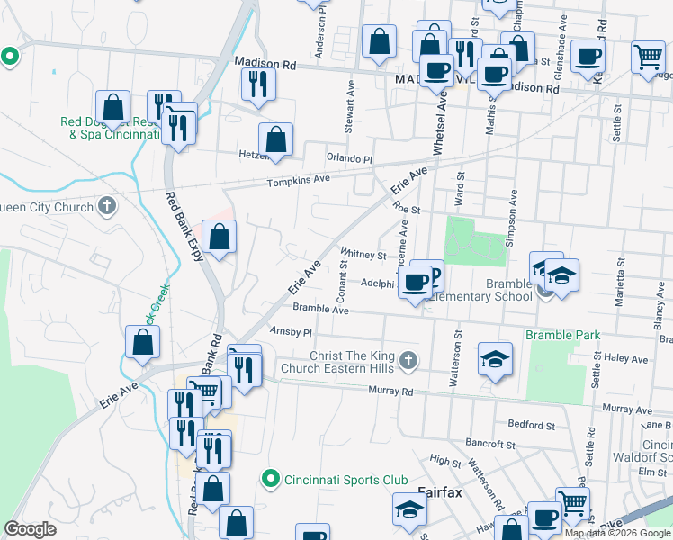 map of restaurants, bars, coffee shops, grocery stores, and more near 5709 Adelphi Street in Cincinnati
