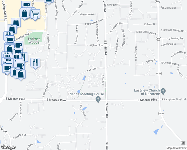 map of restaurants, bars, coffee shops, grocery stores, and more near 1296 Cobble Creek Circle in Bloomington