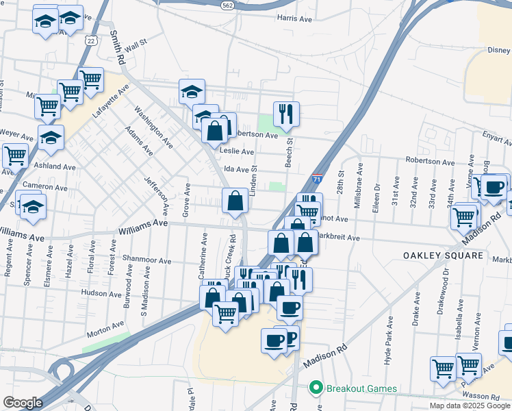 map of restaurants, bars, coffee shops, grocery stores, and more near 2612 Duck Creek Road in Cincinnati