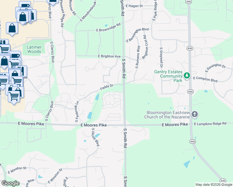 map of restaurants, bars, coffee shops, grocery stores, and more near 1305 South Stella Drive in Bloomington