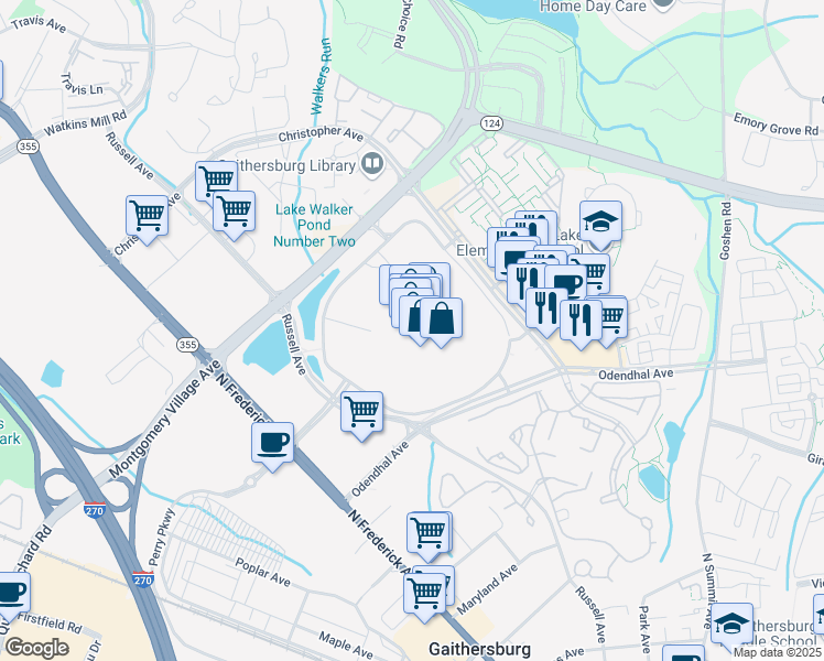 map of restaurants, bars, coffee shops, grocery stores, and more near 701 Russell Avenue in Gaithersburg
