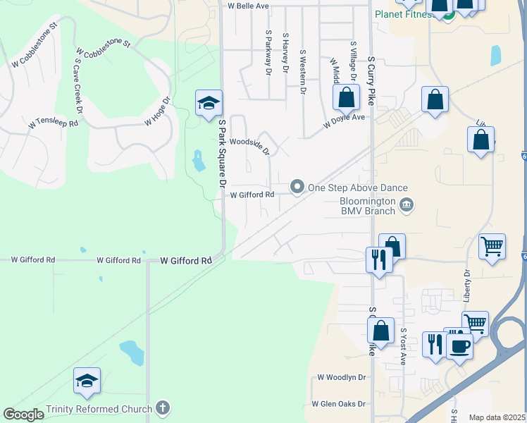 map of restaurants, bars, coffee shops, grocery stores, and more near 4373 West Gifford Road in Bloomington