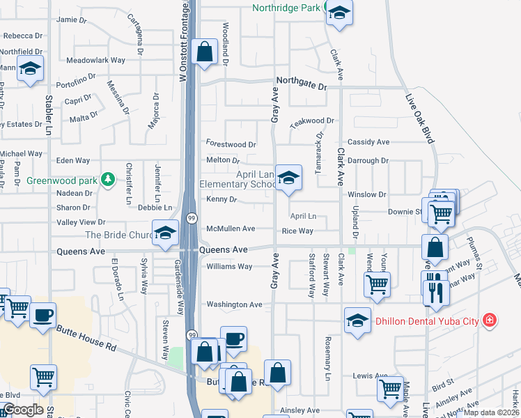map of restaurants, bars, coffee shops, grocery stores, and more near 1524 Gray Avenue in Yuba City