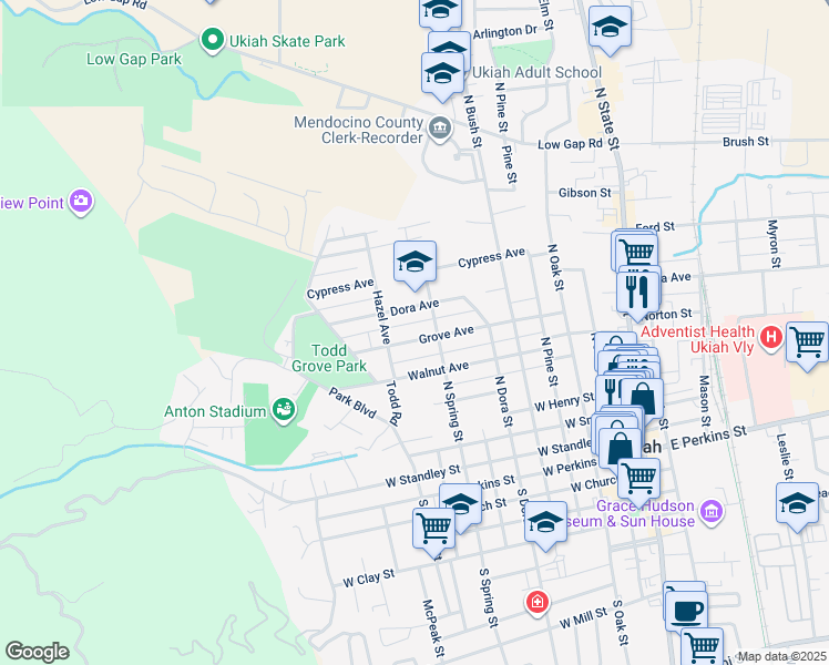 map of restaurants, bars, coffee shops, grocery stores, and more near 657 Walnut Avenue in Ukiah