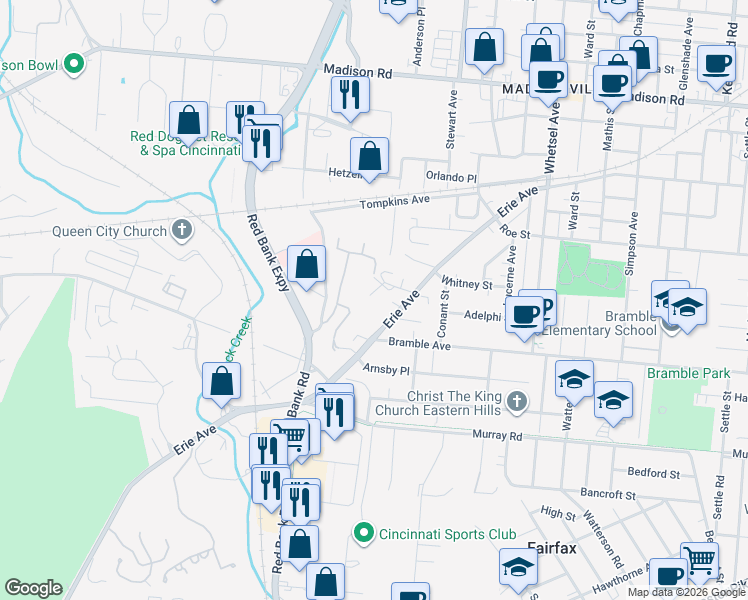 map of restaurants, bars, coffee shops, grocery stores, and more near 4315 Erie Avenue in Cincinnati