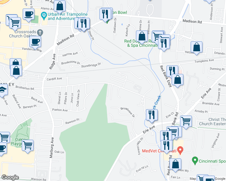 map of restaurants, bars, coffee shops, grocery stores, and more near 4023 Leesburg Lane in Cincinnati