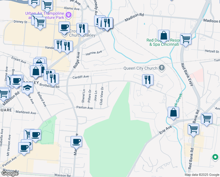 map of restaurants, bars, coffee shops, grocery stores, and more near 4143 Paxton Woods Drive in Cincinnati